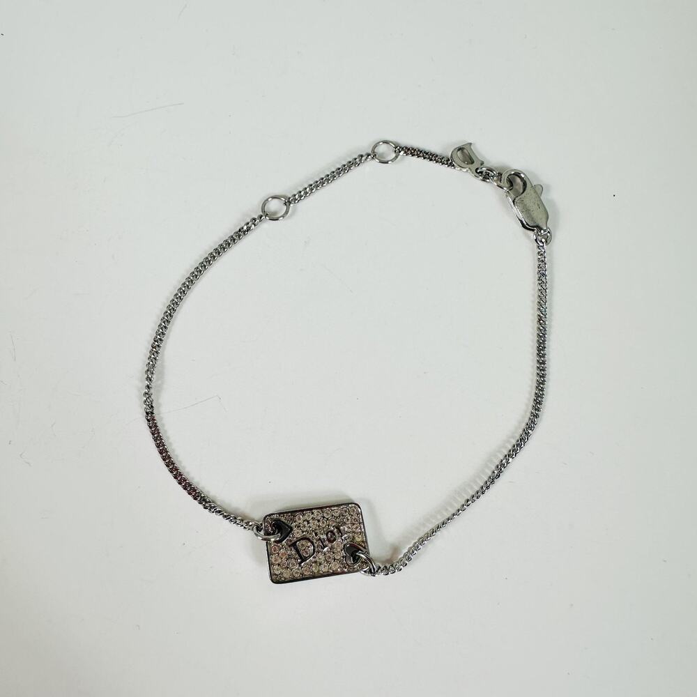 Dior Silver Tone Crystal Heart Plaque Chain Charm Bracelet Red Enamel Logo